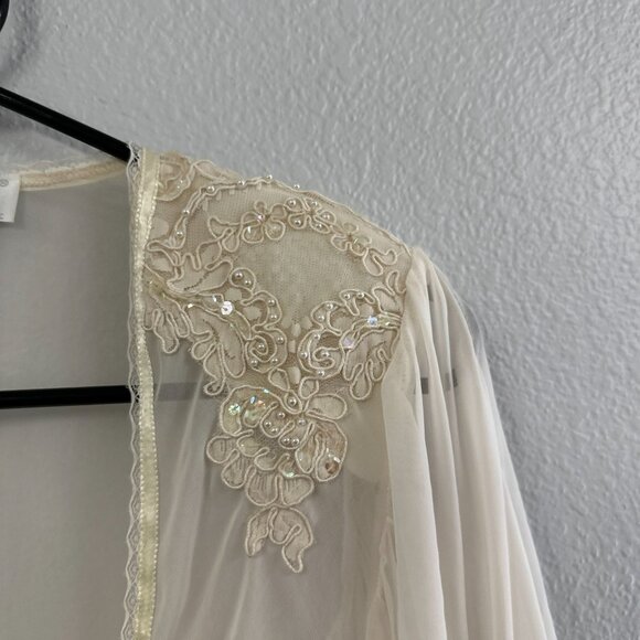 Vtg 80s Val Mode White Sheer Beaded Sequin Robe Bridal Size Medium Polyester - Picture 4 of 6